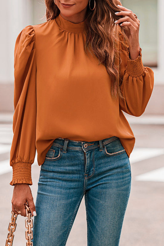 Bubble Sleeve Mock Neck Chiffon Blouse
