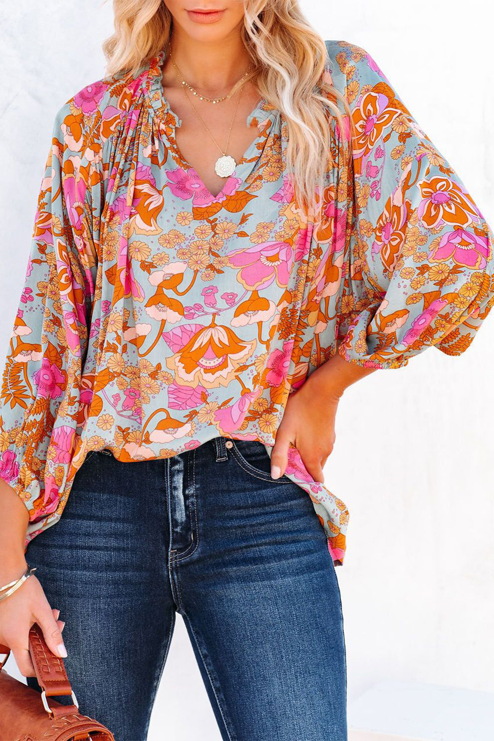 Floral Print Ruched V Neck Blouse