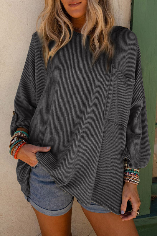 Dark Gray Ribbed Oversize Top