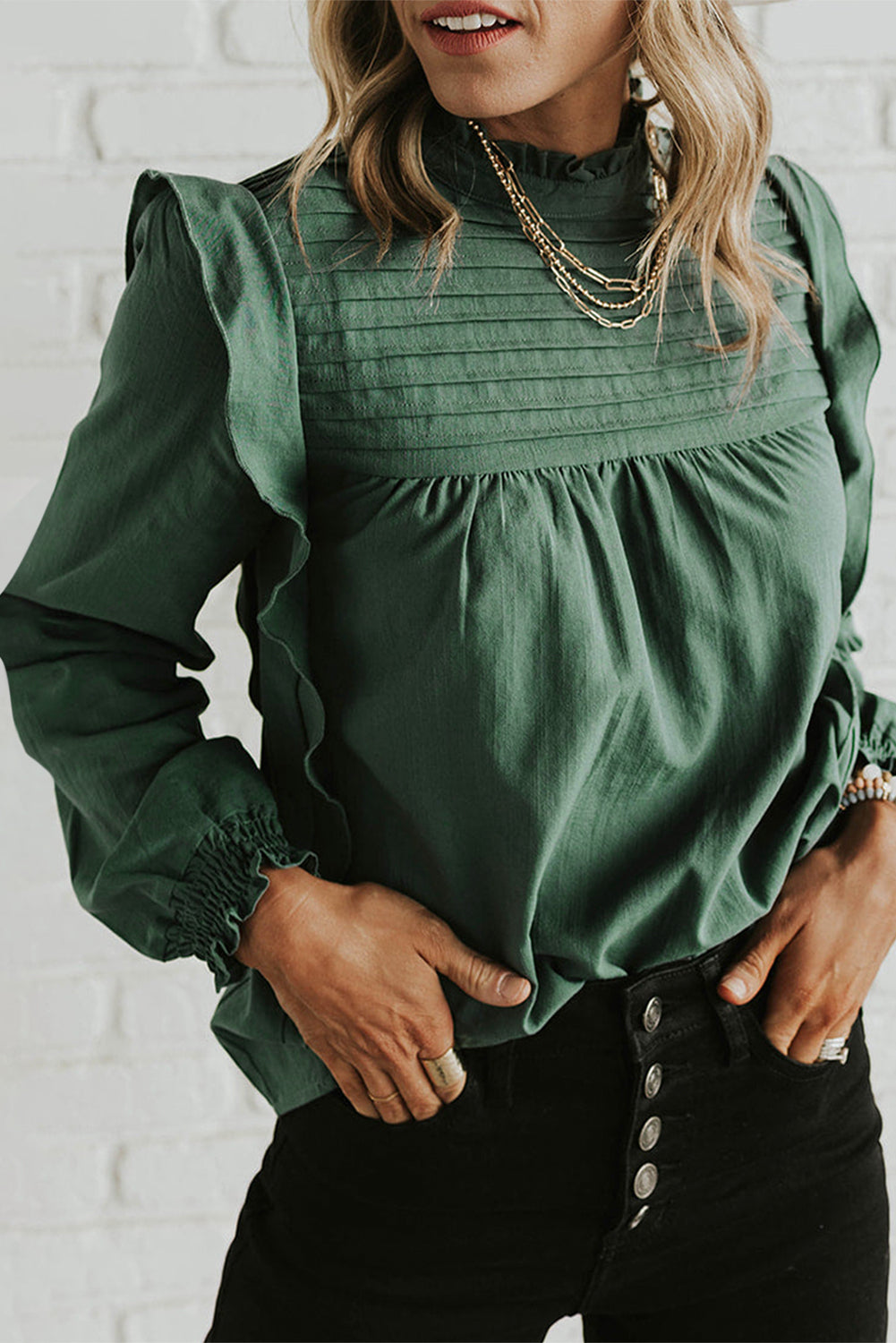 Stand Neck Ruffle Sleeve Blouse