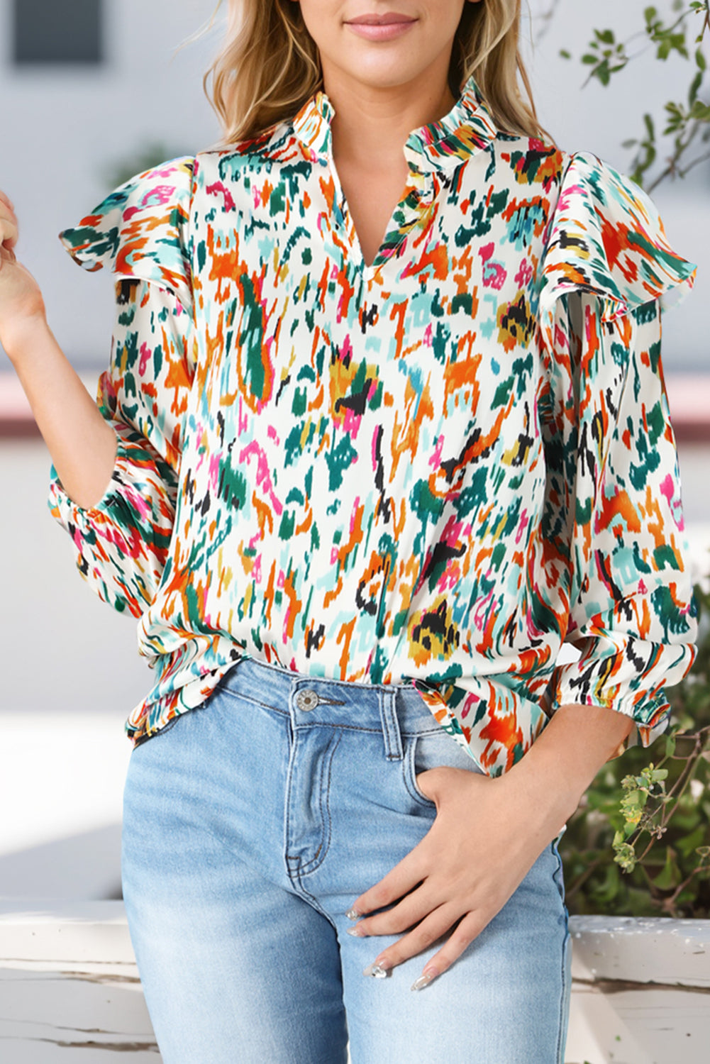 Abstract Print 3/4 Sleeve Ruffle Blouse