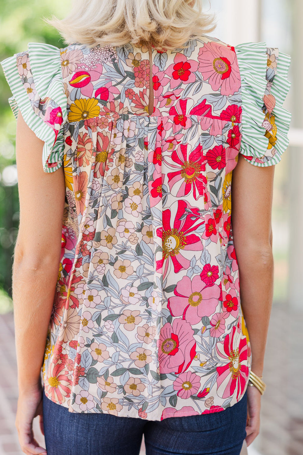 Floral Print Contrast Ruffle Trim Top