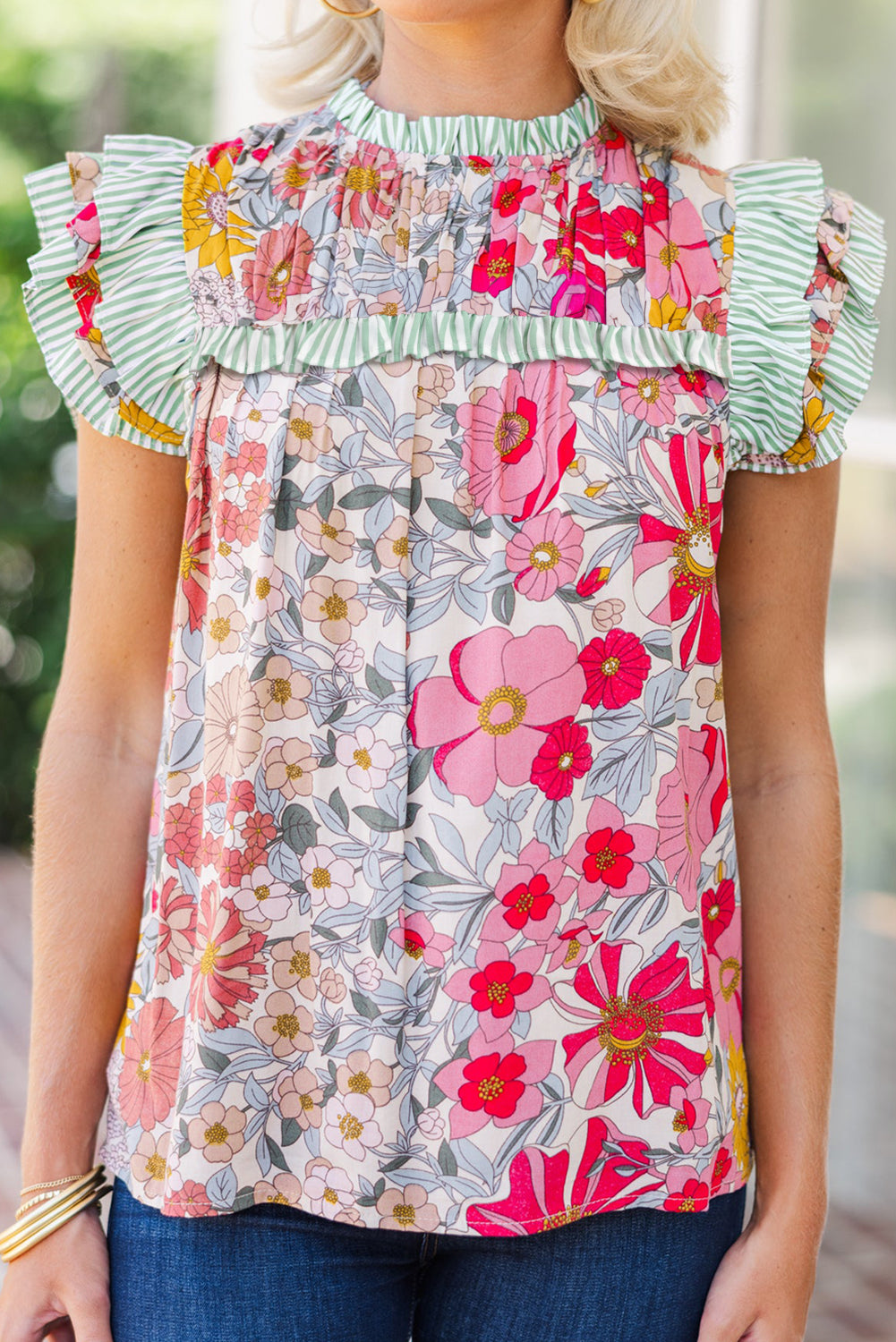 Floral Print Contrast Ruffle Trim Top