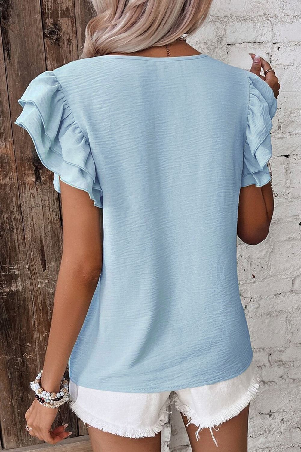 Blue Ruffled Sleeve Top