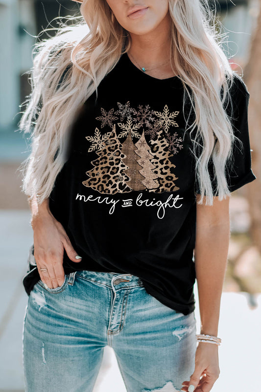 Leopard Christmas Tree Graphic Crew Neck T Shirt