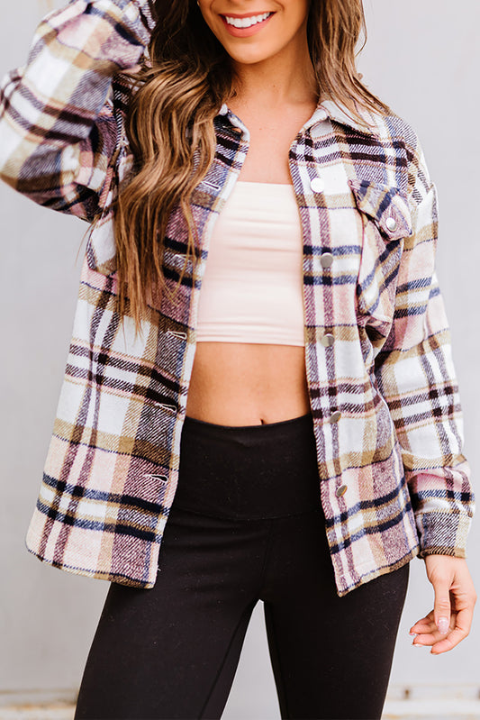 Plaid Print Pocketed Shacket - Pink