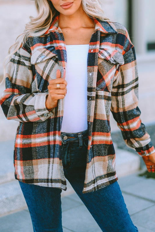 Plaid Print Pocketed Shaket - Khaki