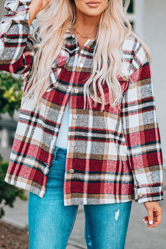 Plaid Print Pocketed Shacket - Red