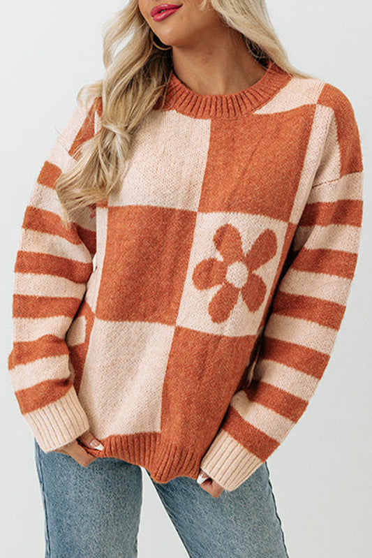 Checkered Floral & Striped Sweater