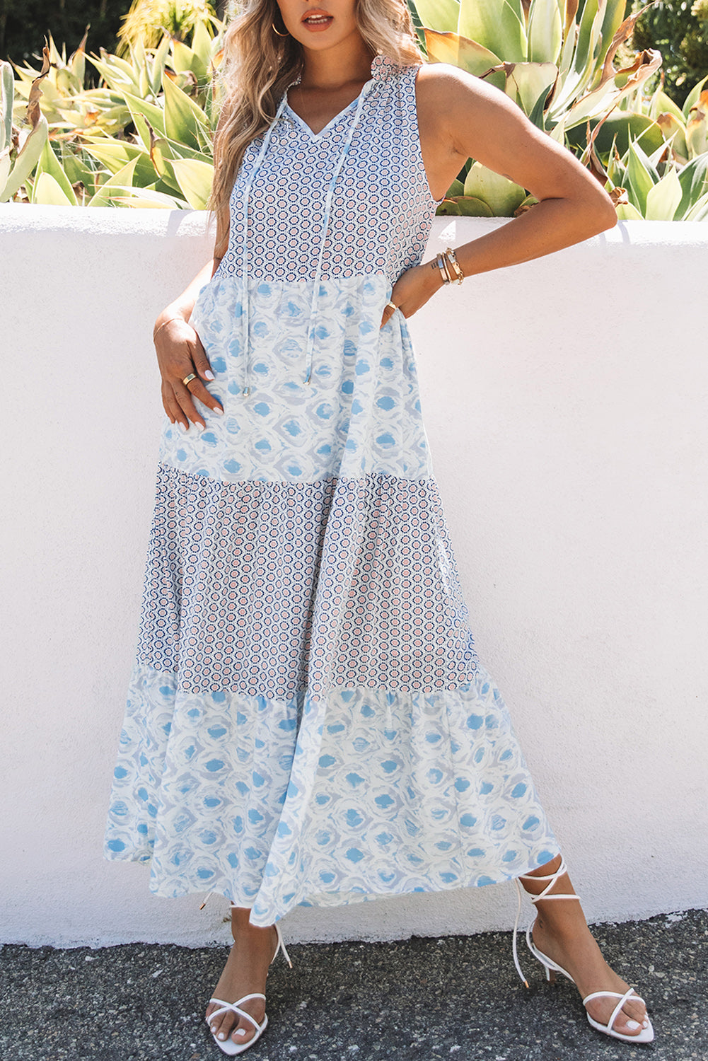 Sky Blue Abstract Print Maxi Dress