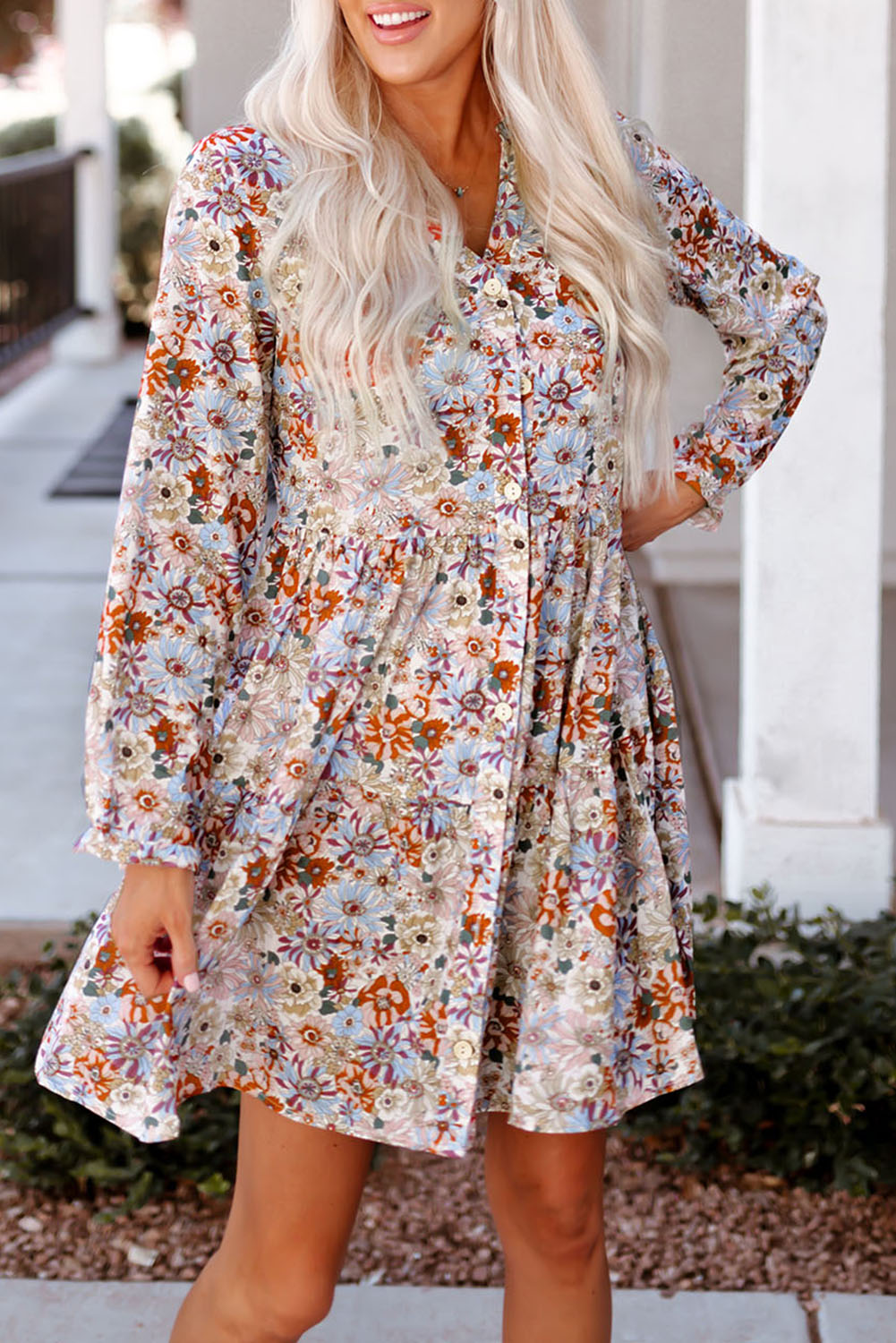 Split Neck Button Front Floral Dress