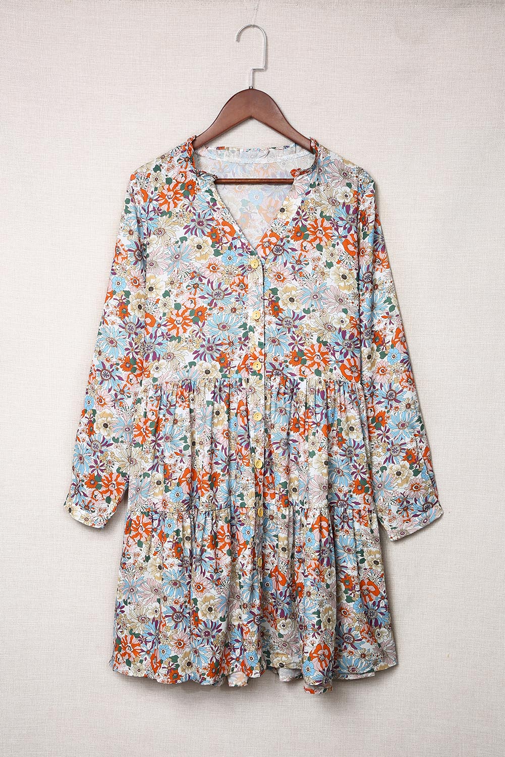 Split Neck Button Front Floral Dress