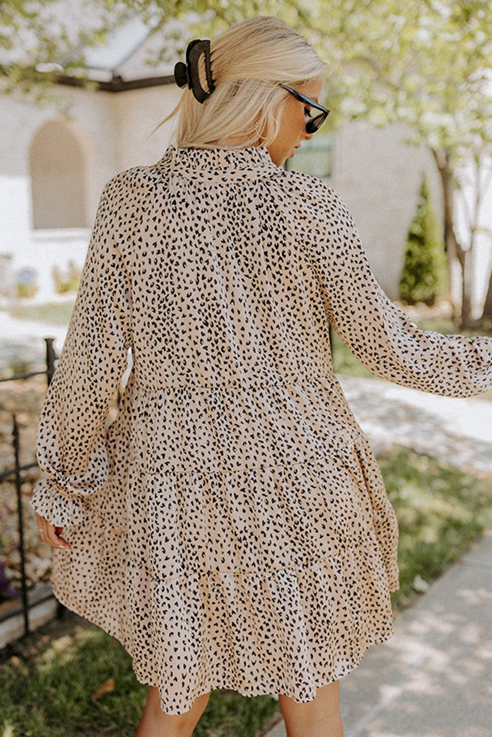 Leopard Print Ruffled V Neck Long Sleeve Mini Dress