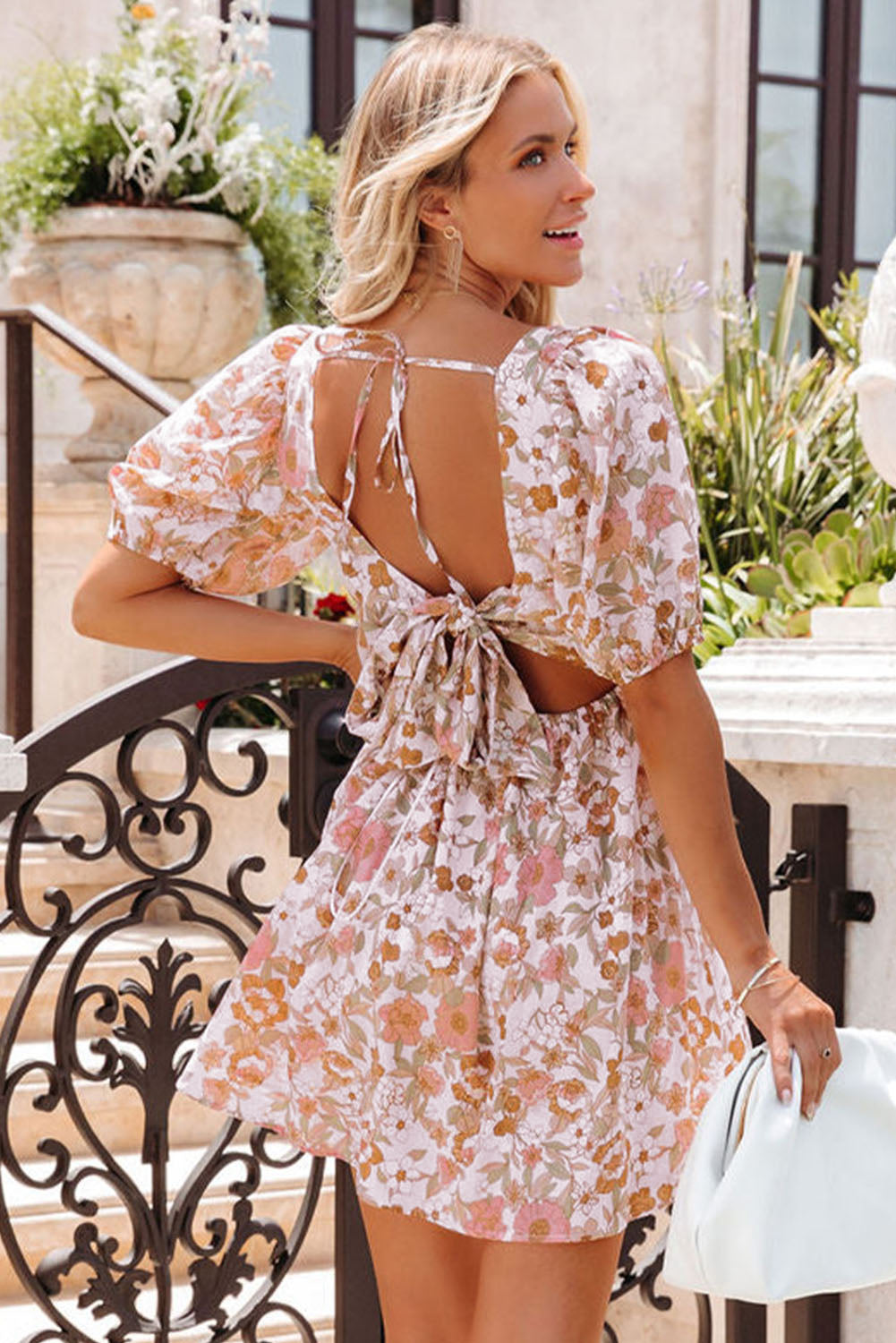Floral Print Bow Knot Backless Dress
