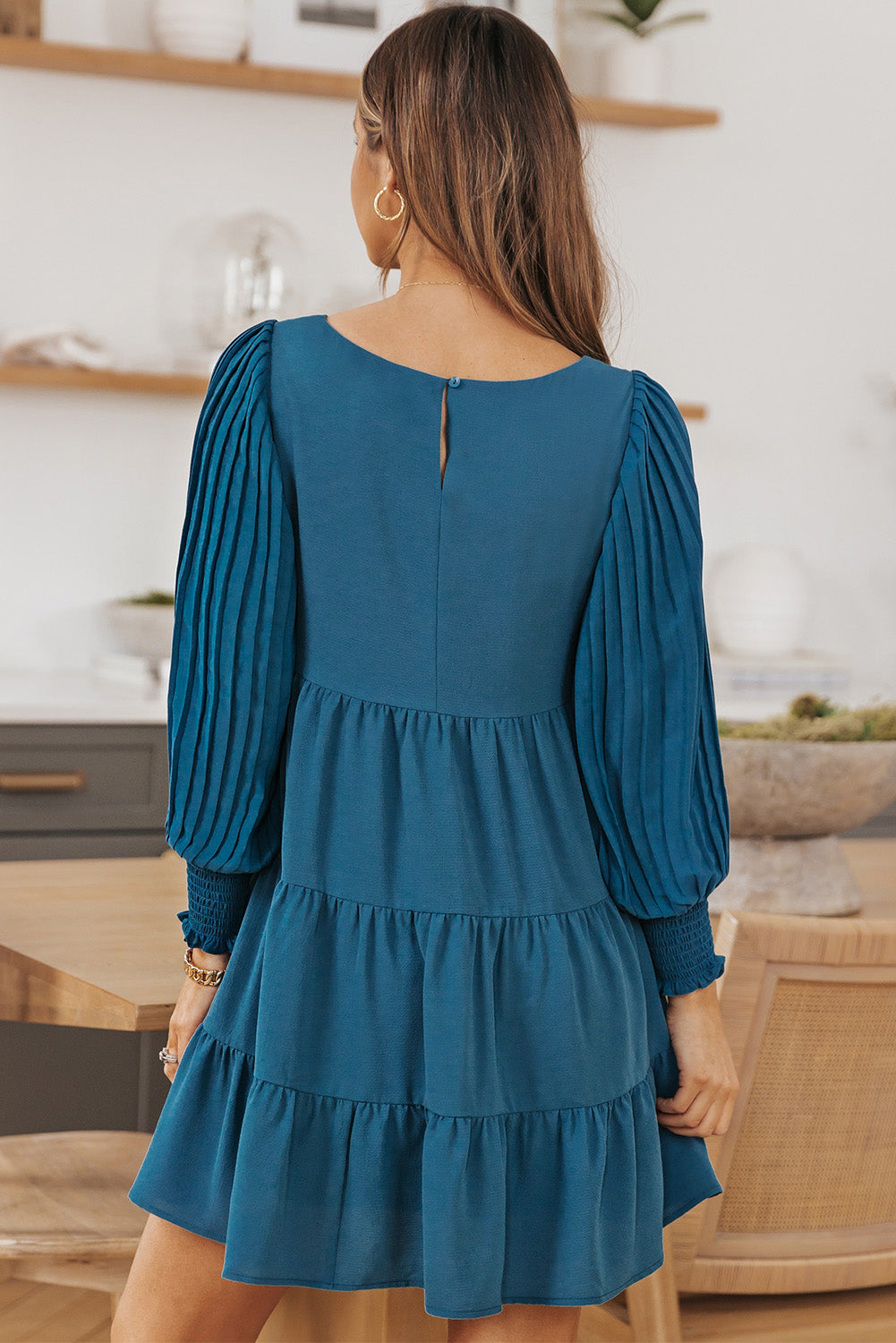 Pleated Bubble Sleeves Tiered Ruffle Dress
