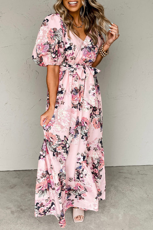 Pink Floral Puff Sleeve Maxi Dress