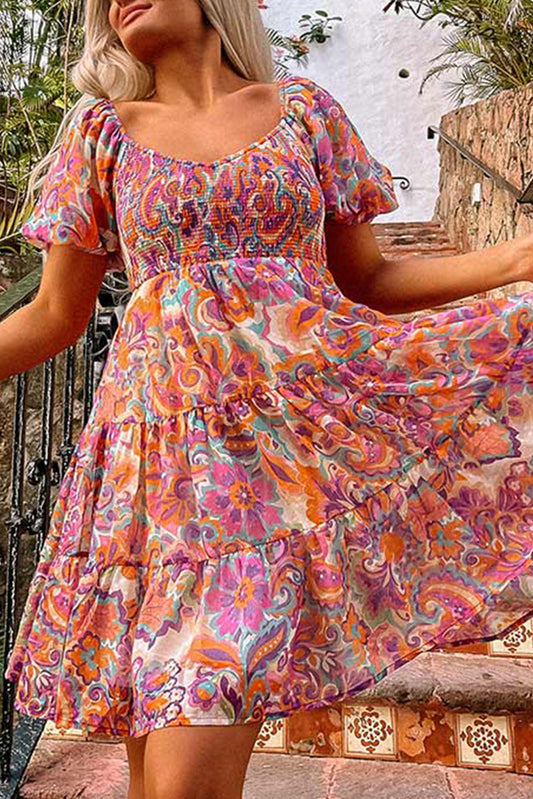 Boho Print Smocked Mini Dress