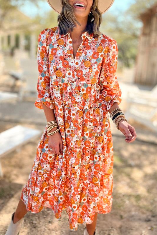 Boho Floral Long Sleeve Ruffled Dress