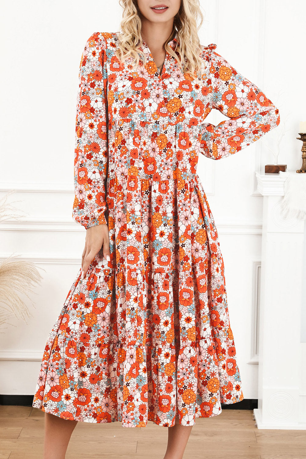 Boho Floral Long Sleeve Ruffled Dress