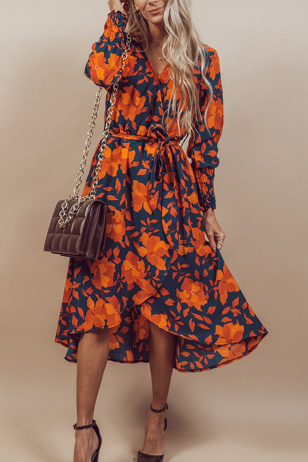 Floral Print Faux Wrap Belted Dress