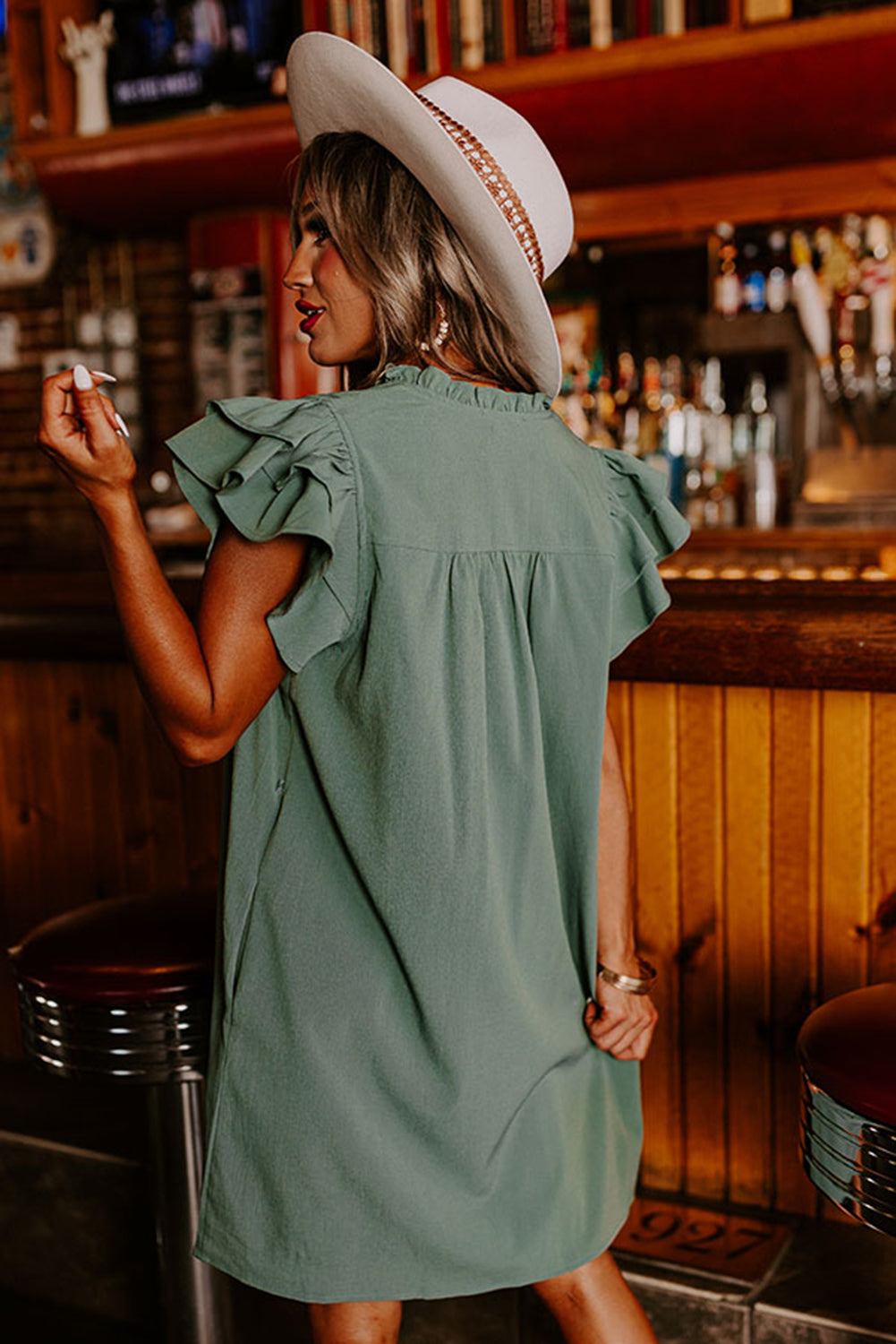 Ruffle Sleeve V Neck Shift Dress