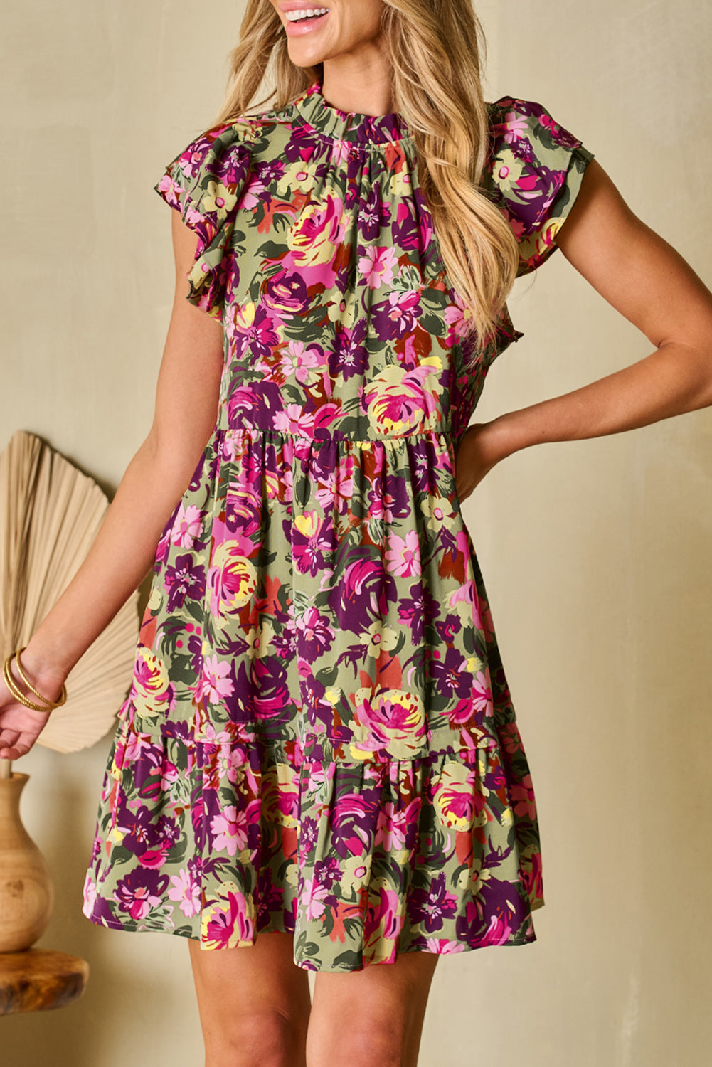 Floral Print Flutter Sleeve Frilled Neck Mini Dress