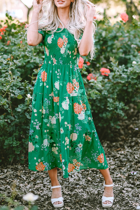 Bubble Sleeve Smocked Tiered Midi Dress