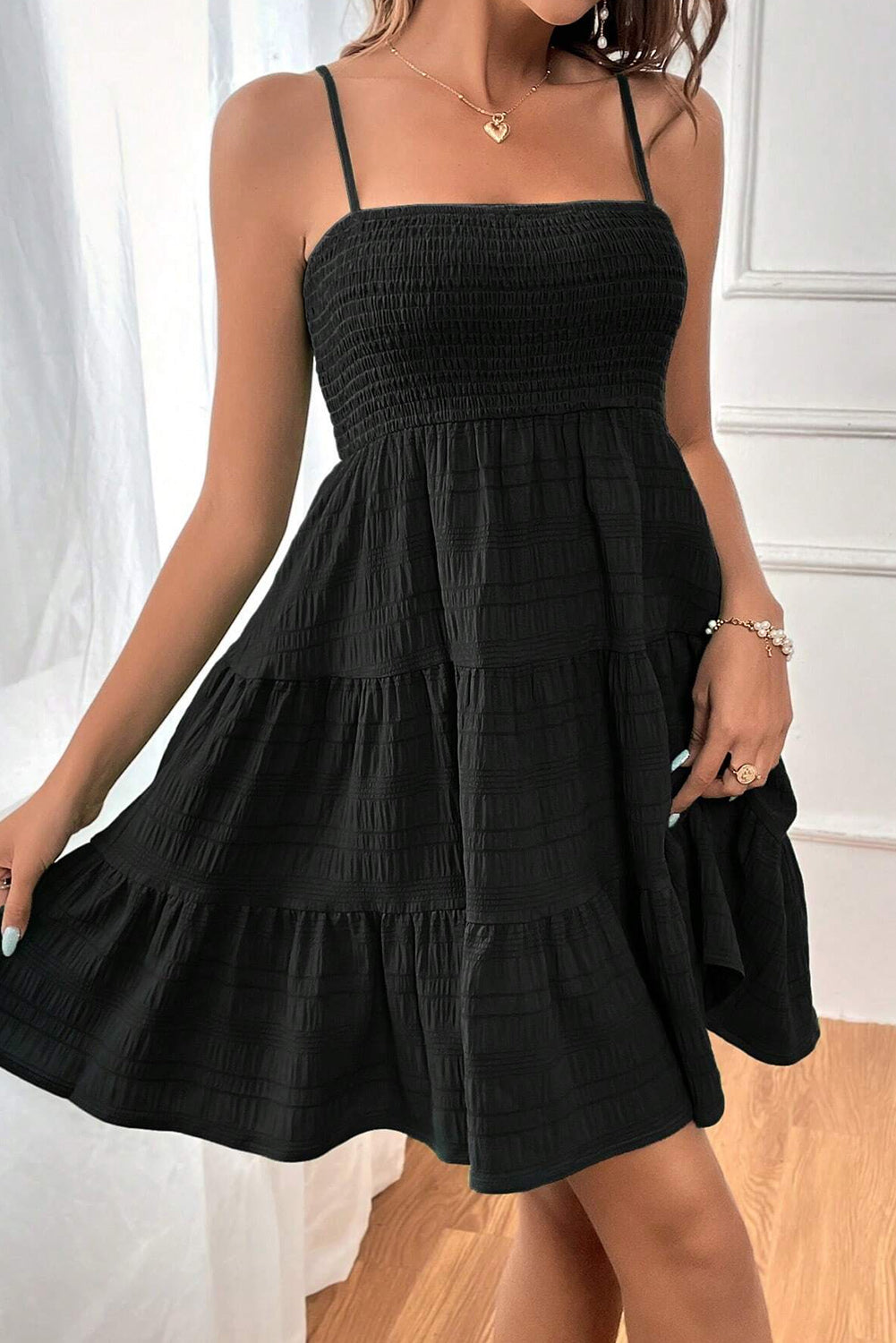 Smocked Textured Tiered Skater Dress