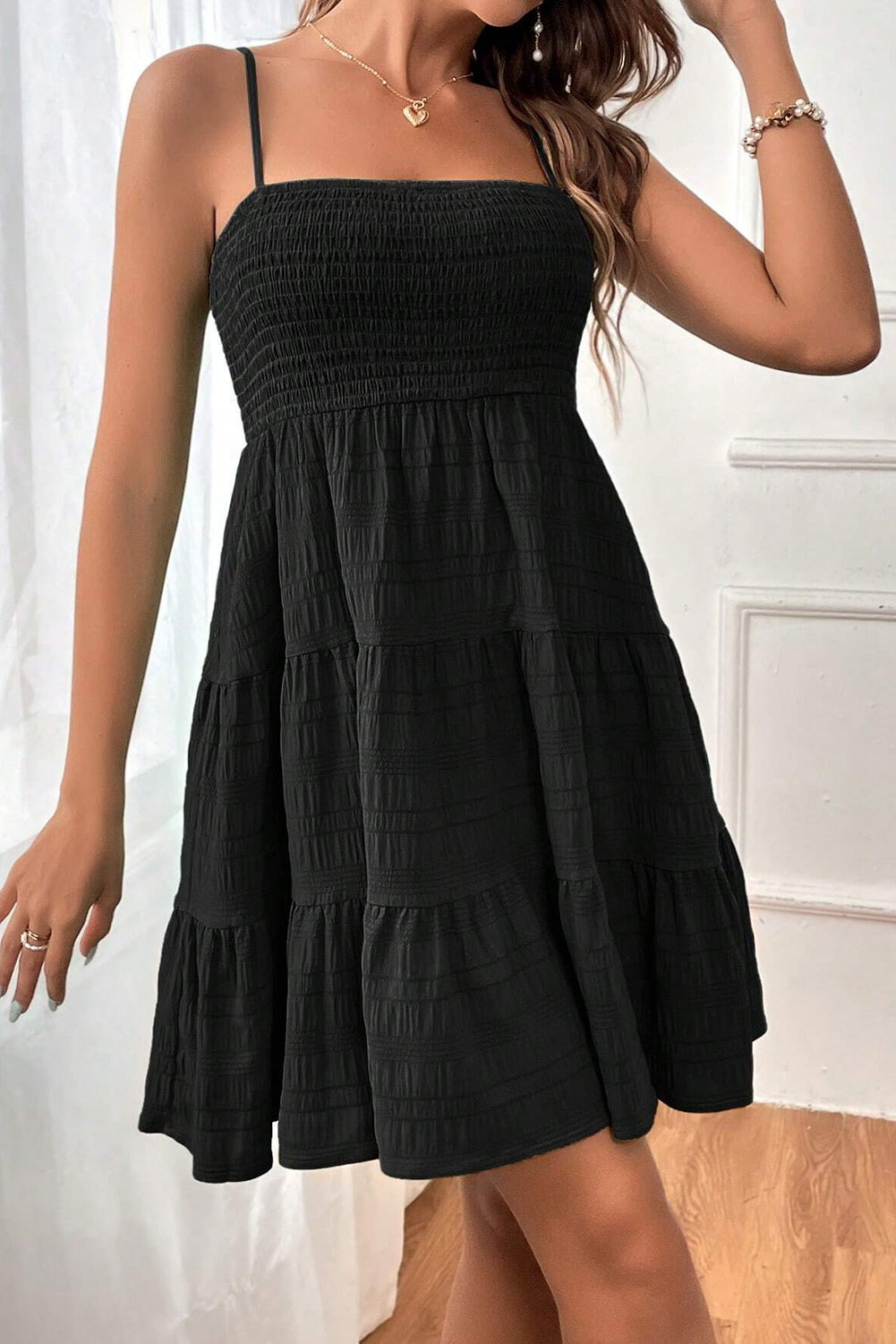 Smocked Textured Tiered Skater Dress