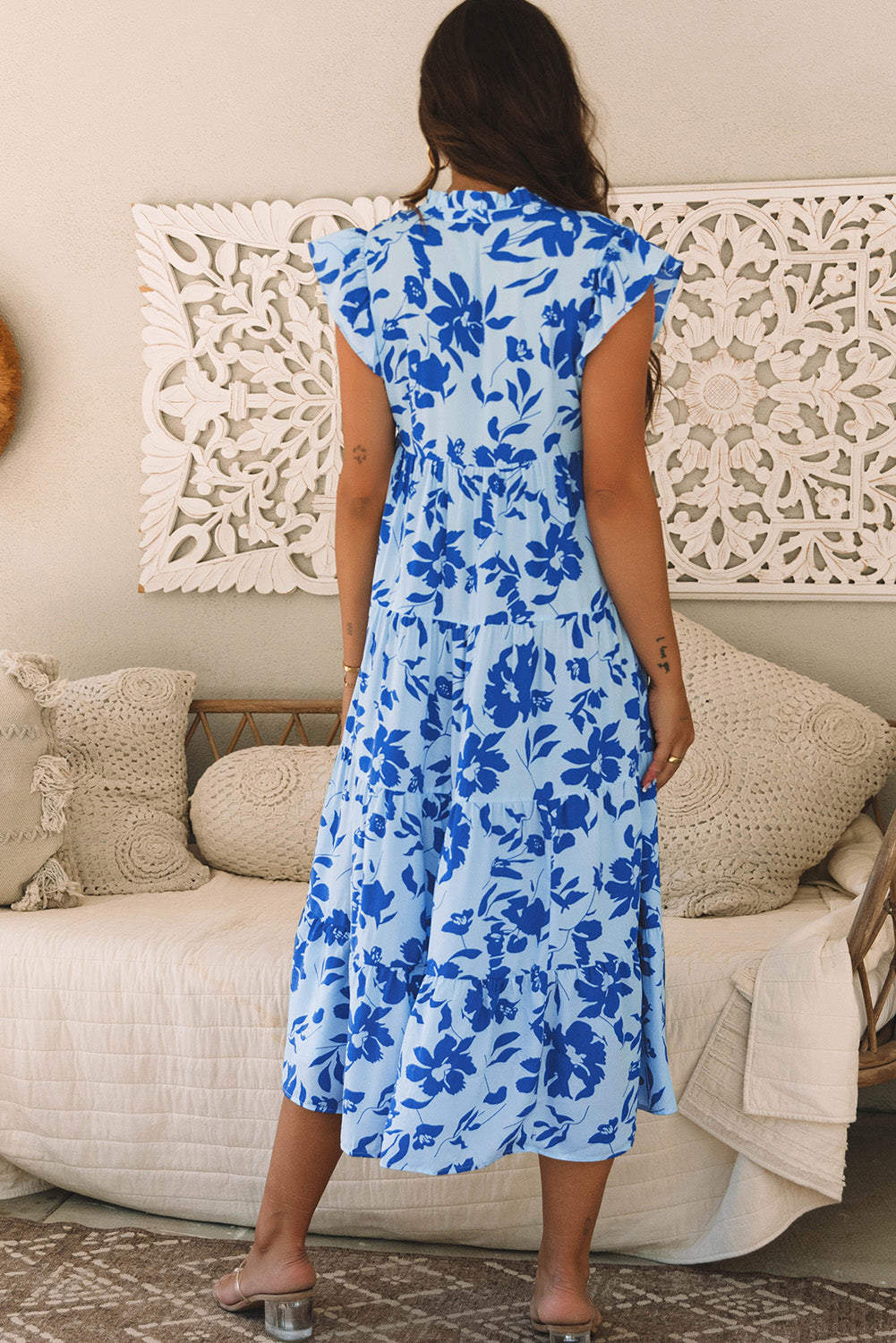 Floral Flutter Sleeve A-Line Maxi Dress