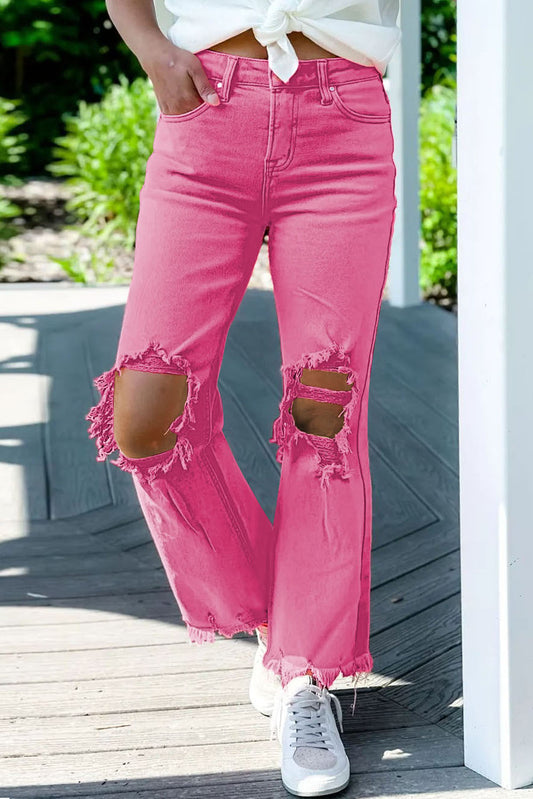 Distressed Raw Edge Cropped Flare Jeans