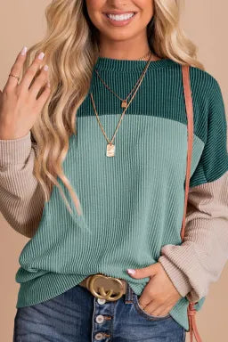 Color Block Long Sleeve Ribbed Top
