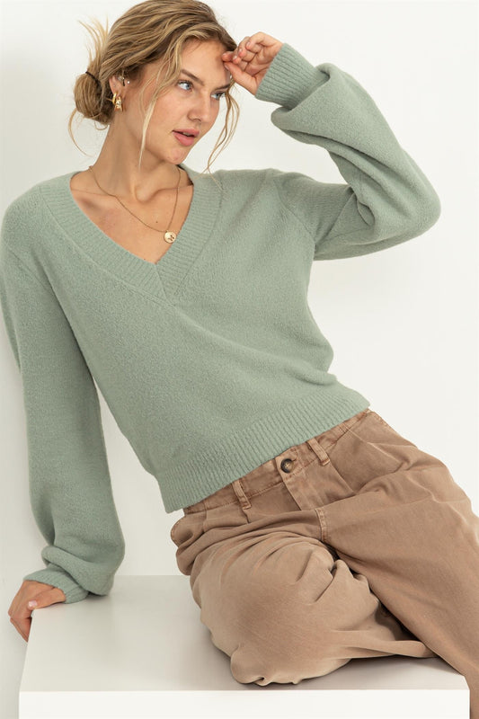 V-neck Fuzzy Cropped Sweater